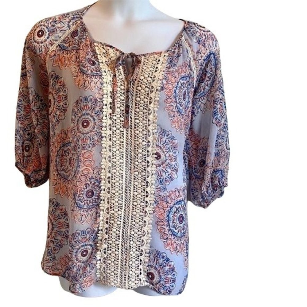 Dept 222 Sheer Polyester Light Blue Top with Crochet Detail Size 2X